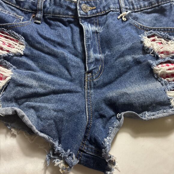 PROJECT REBEL DENIM Raw Hem Checkered Medium Wash High Rise Cut Off Shorts BL - Picture 3 of 15